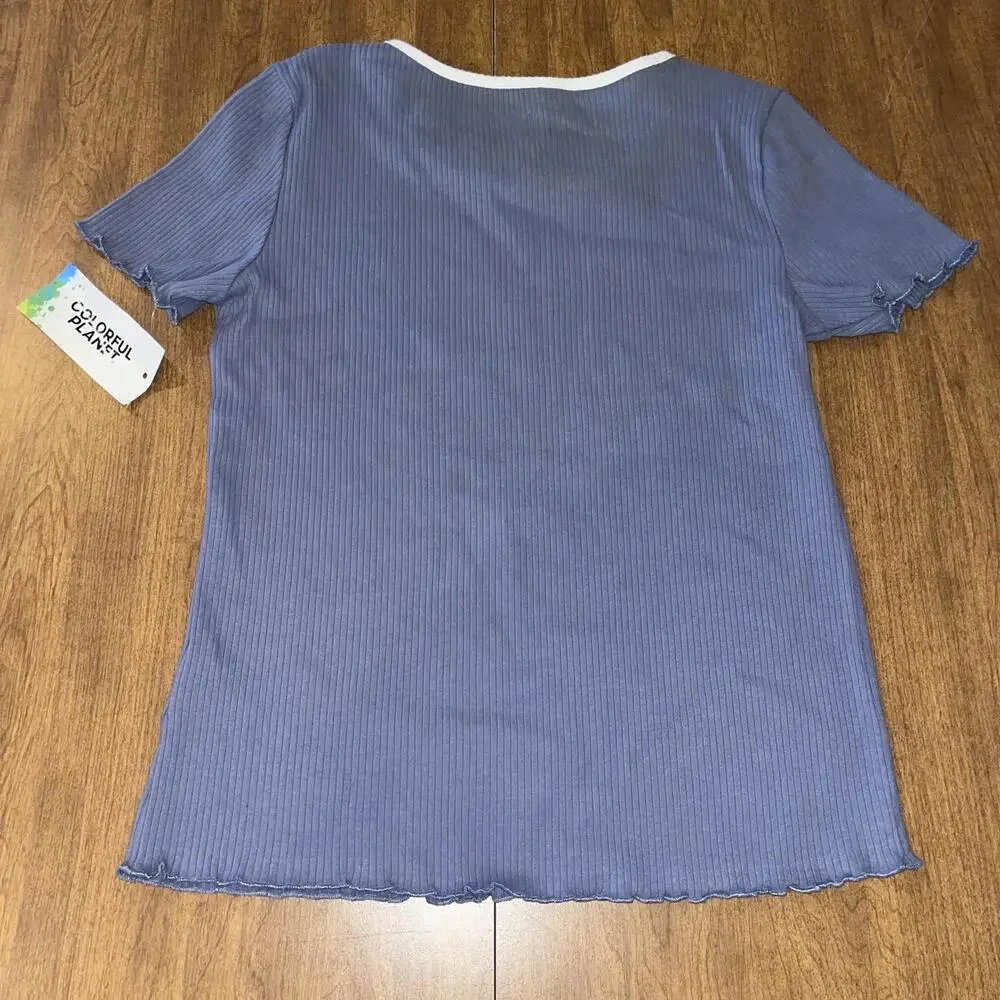 Colorful Planet Girls Ribbed Dusty Blue Short Sleeve White Trim Bow Coquette